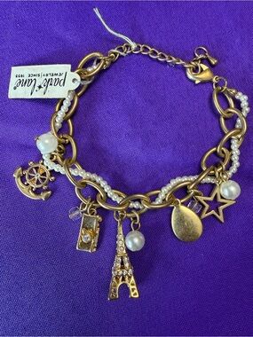Park Lane Paris Eiffel Tower Gold Tone Pearl Charm Bracelet New With Tags